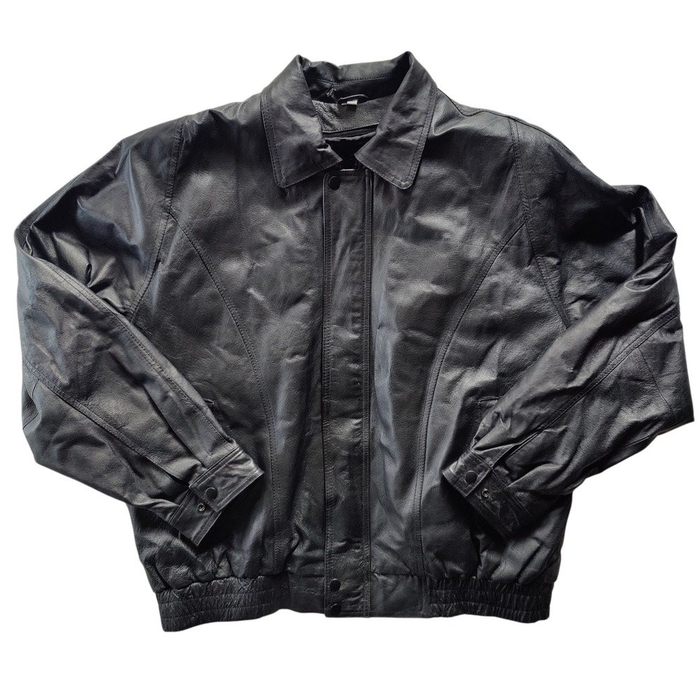 Vintage 90s Jacub Leather Bomber Jacket Pro Players Classic XL Black Heavy Coat